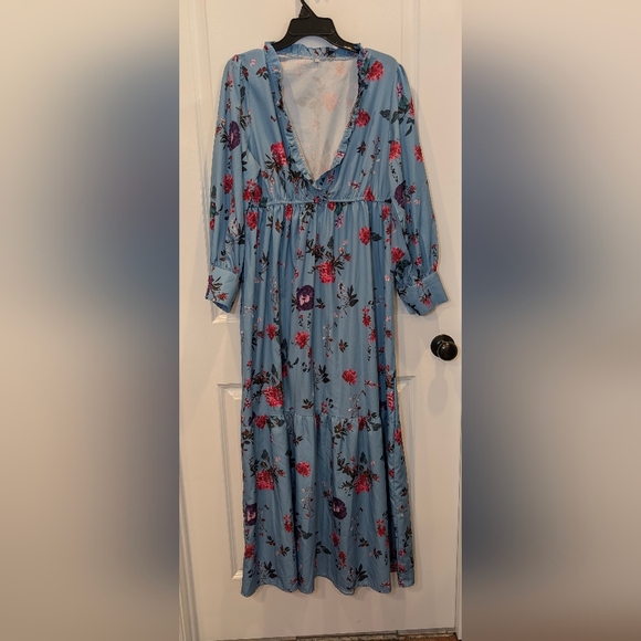 Boutique Blue Floral Ruffle Maxi Dress Long Sleeve Cottagecore Wedding Boho L - Picture 3 of 9